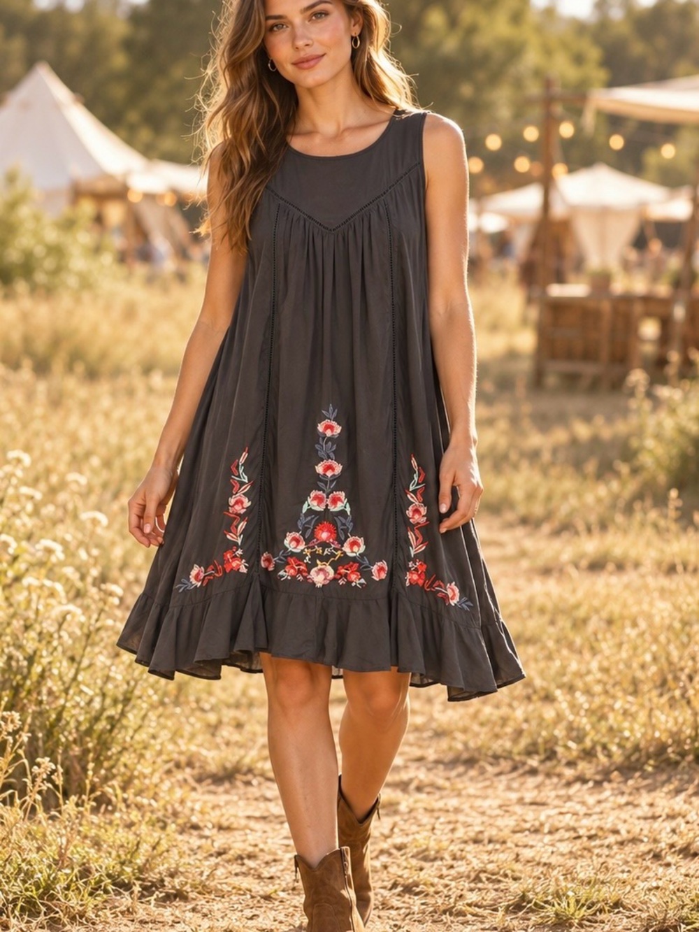 JODIFL Charcoal Sleeveless Embroidered Ruffle-Hem Dress